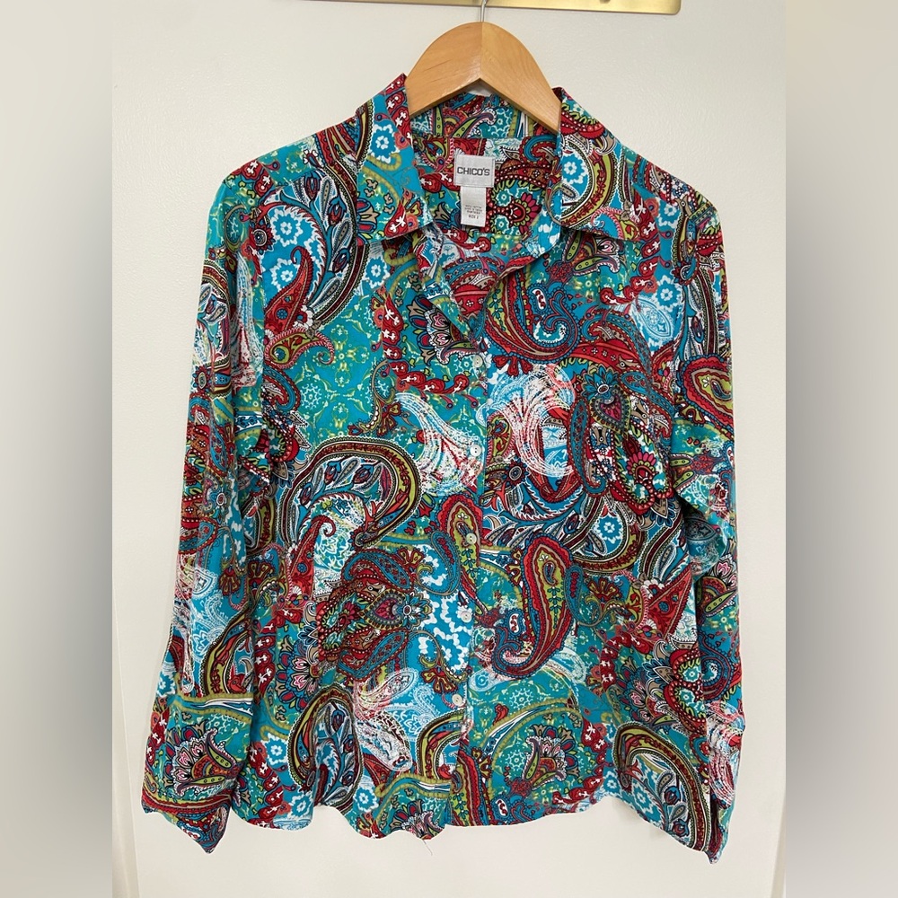 Chico's Multicolor Paisley Cotton Top - Turquoise & Red Accents